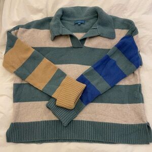 Women's Striped Rugby Sweater in Green, Blue, Yellow and Tan